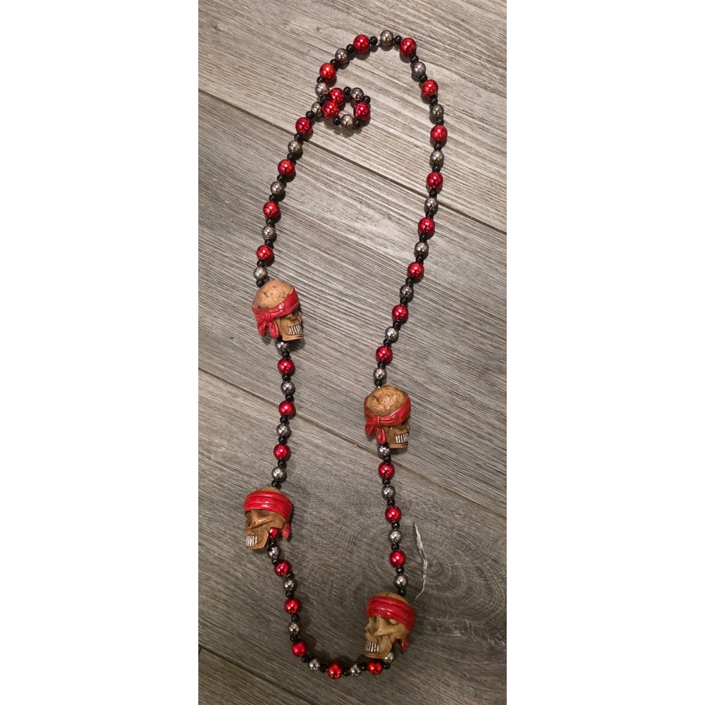 Mardi Gras Pirate Skull Necklace Red Silver Black Beaded Costume Piece